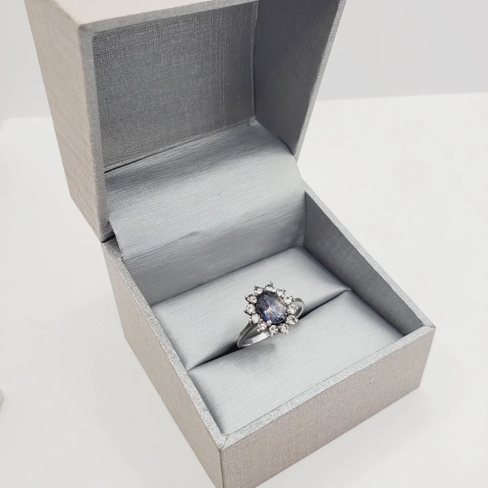 Mystic Topaz & Simulated Diamond Halo 925 Sterling Silver Ring